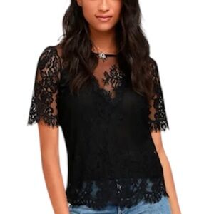 Lulus Pure Genius Sheer Black Lace Top Short Sleeve Scalloped Bottom Size Medium